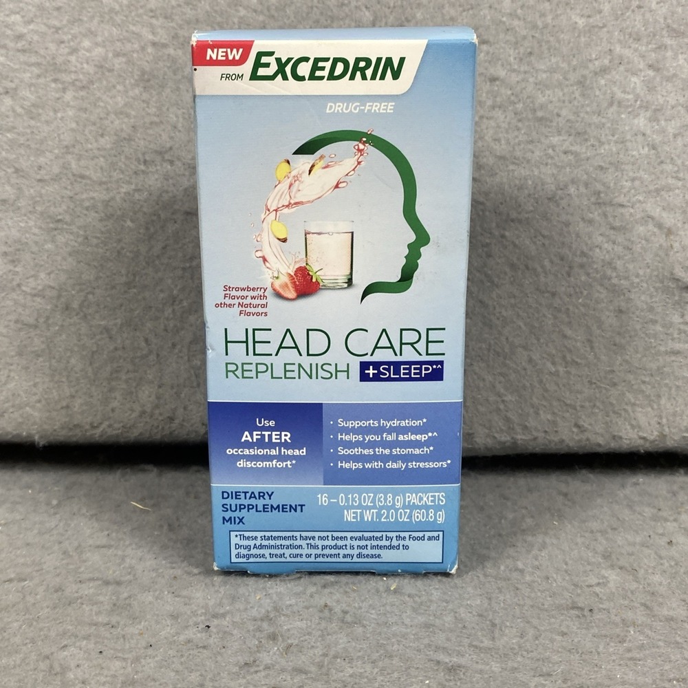 Excedrin Head Care Replenish +Sleep - Drug-Free - 16 packets - New In Box READ